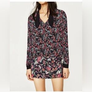 Zara Trafaluc Floral Long Sleeve Blouse  Top Ties Medium